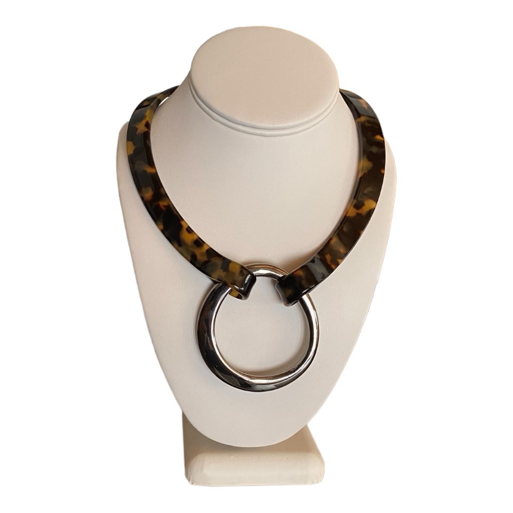 Pono Resin Tortoise Collar Necklace With Gunmetal Silver Ring Made In Italy